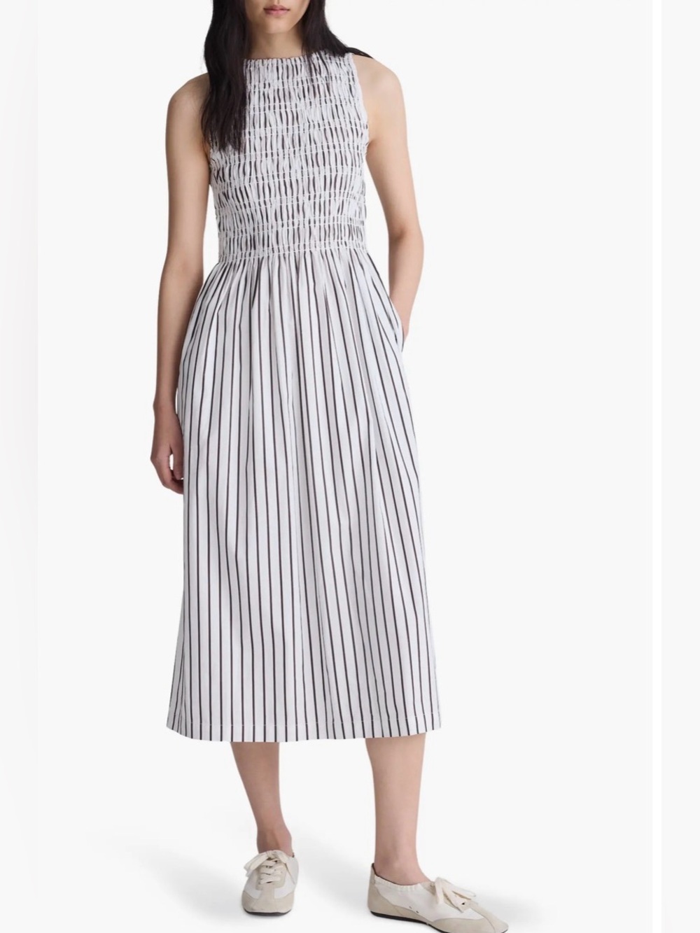 Madewell Melody Smocked Sleeveless Striped MIDI Dress—SUMMER, Black & White—NWOT